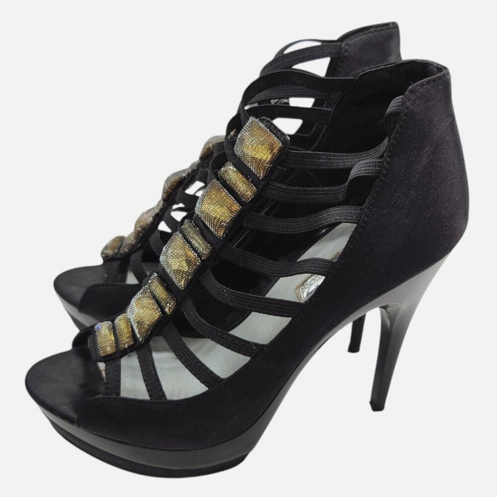 H by Halston Gem Embellished Caged Peep Toe Platform Heel Sandal 7 Jewel Sexy